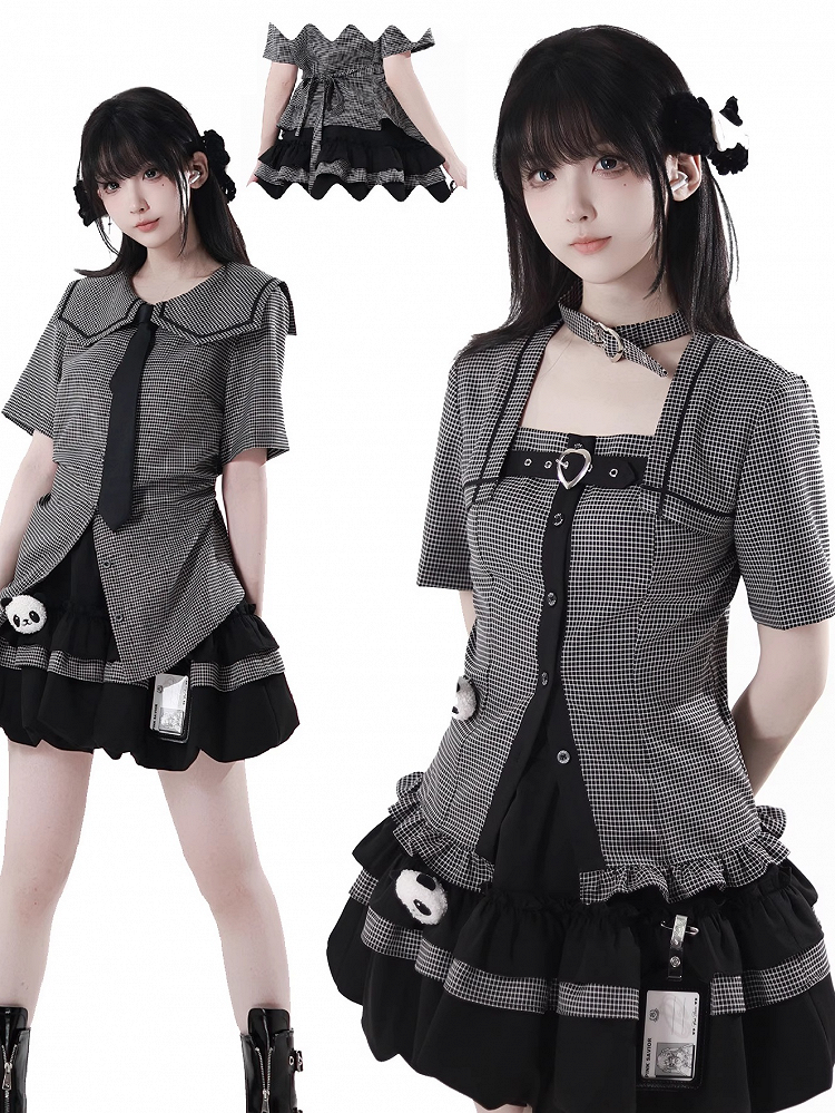 Choker Design Rüschen Saum Plaid Bluse Schwarz Criss-cross All-in-one und