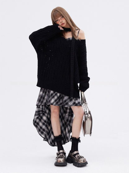 アプリコット/ブラック Vネック ホロウアウト ニットセーター