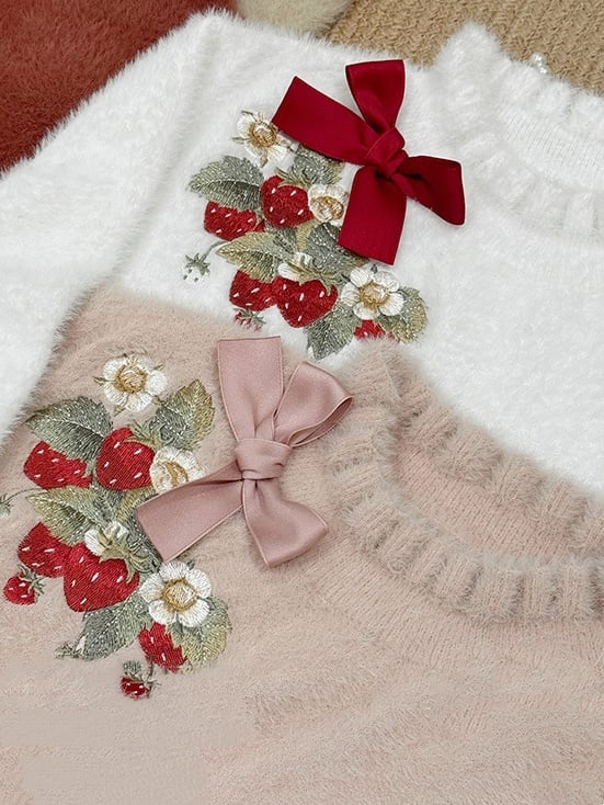 Dusty Autumn Stickerei Erdbeere Bowknot Strick auf Ausschnitt Top Bündchen Rosa