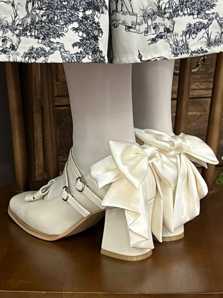 Shoes Bow White Toe Dual Accents Square Block - Elegant High Heel Buckles