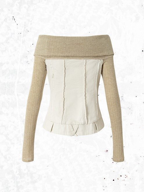 Studded Wing Khaki with Punk Panels Denim Embroidery Knit White Top Off-Shoulder