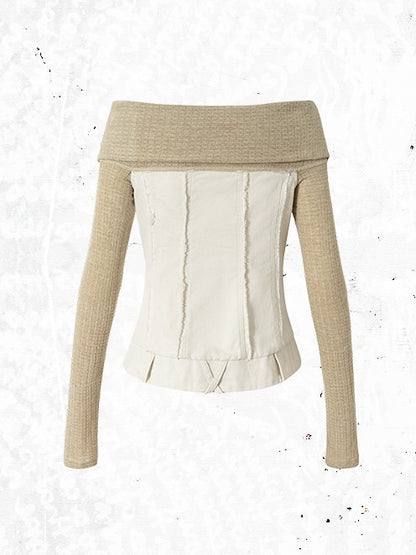 Studded Wing Khaki with Punk Panels Denim Embroidery Knit White Top Off-Shoulder