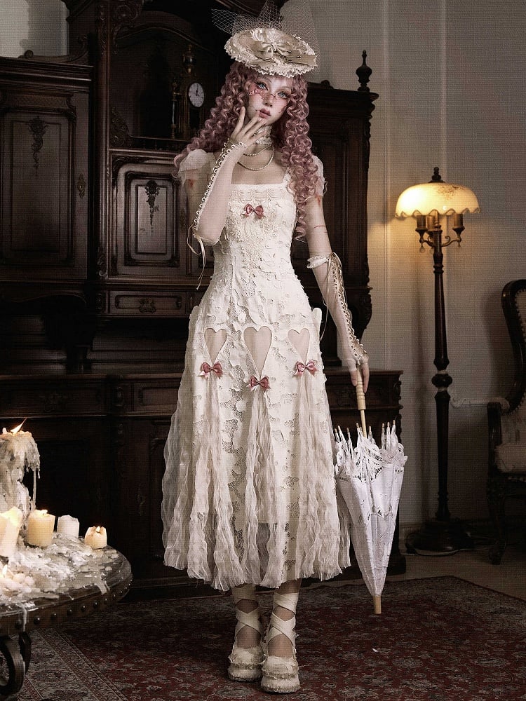 Cream Dress Goth Bows Slip Cutout Romantic Pink Heart Summer Light
