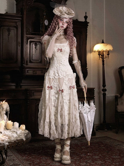 Cream Dress Goth Bows Slip Cutout Romantic Pink Heart Summer Light