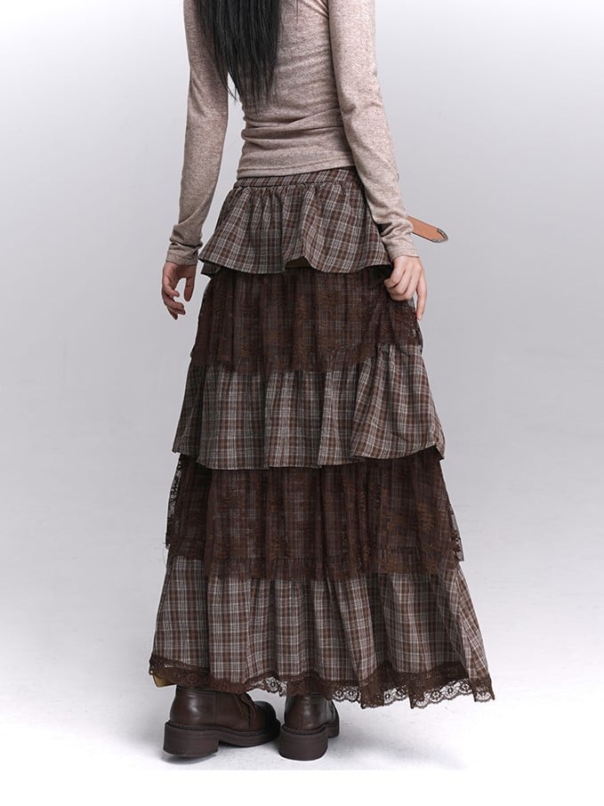 Seitliche Spitzenrockschichten mit Reißverschluss, gestuftes Maxi-Kaffee-Plaid