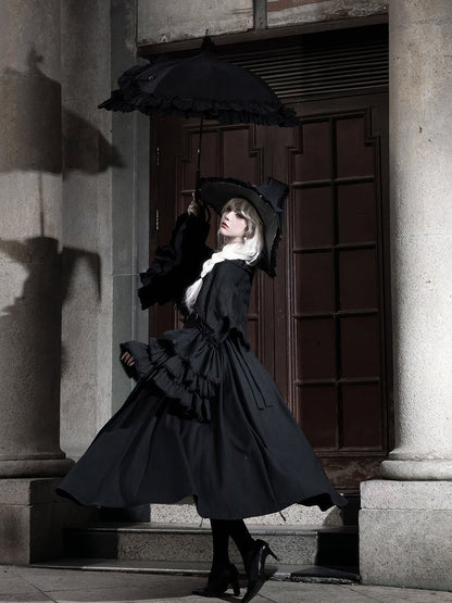 Lolita Bell Pointed Clearance-Size Long M Bust 90CM Gothic Witchy Sleeves Dress Collar Black for