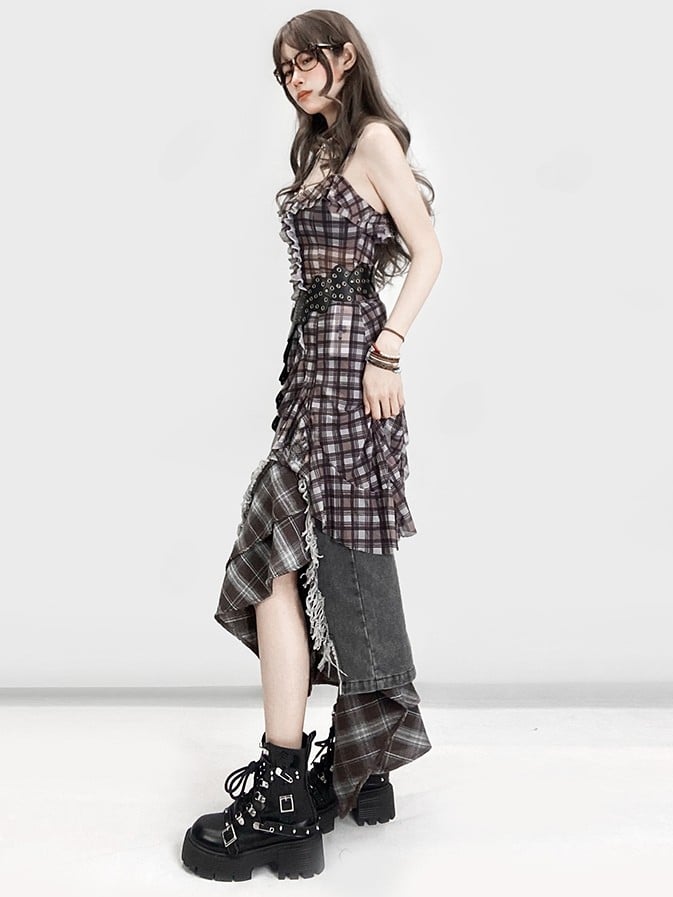 Hem Pattern Cami Glamorous Bittersweet Brown Plaid Asymmetrical