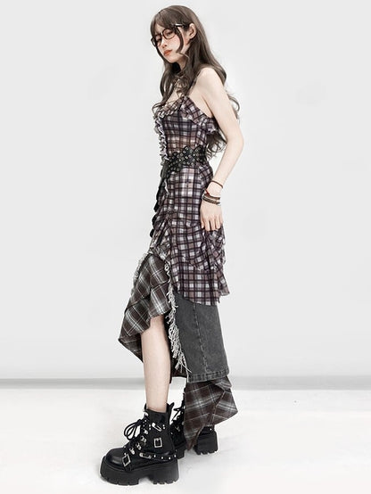 Asymmetrical Top Plaid Bittersweet Hem Cami Pattern Glamorous Brown