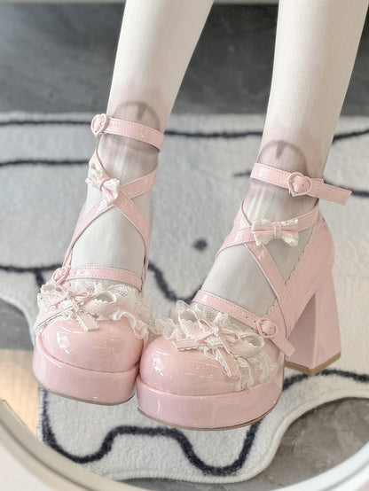 Lolita Heels White Lace Top Ruffles Patch Shoes Heart Bow Layered Block