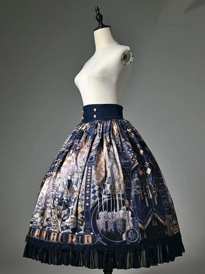 Dark Blue Corset Belt Waist Chess Print Lolita Skirt