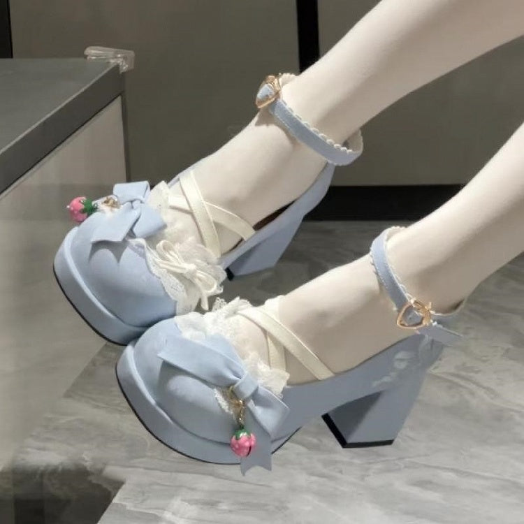 Sweet Bow Blue with Strawberry  Lolita Accents High Embroidery Shoes Heel Block