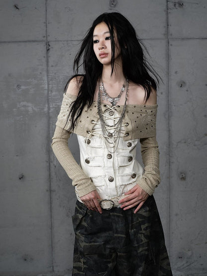Studded Wing Khaki with Punk Panels Denim Embroidery Knit White Top Off-Shoulder