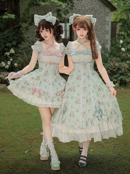 Floral Striped Dress Set with Hair Clip and Choker - With PUJI