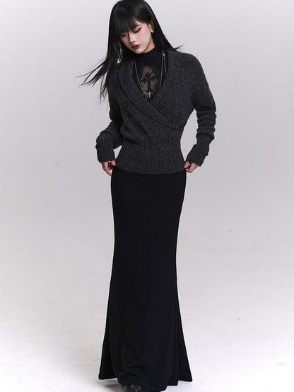 Gothic Elegance Black Mermaid Dress with Coffin-Shaped Cutout & Cross Applique
