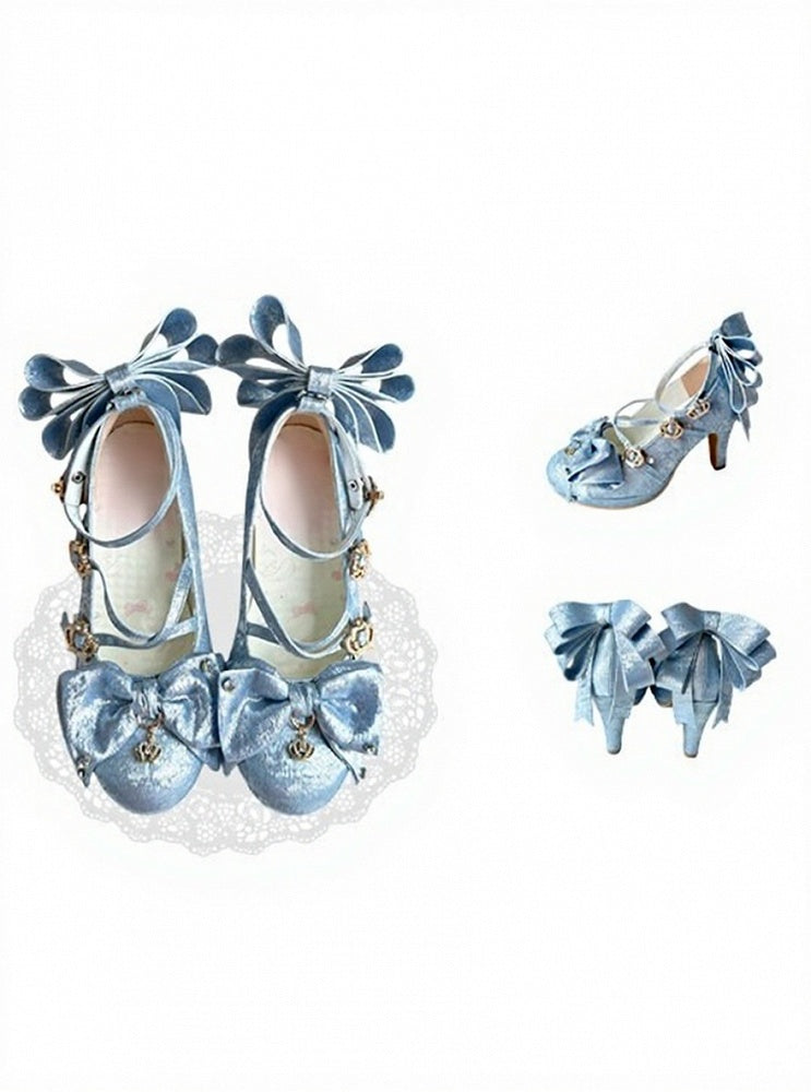 3 Colors Satin Lolita Shoes with Crown Buckle and Bowknot - 8.5cm High Heels - Aimee