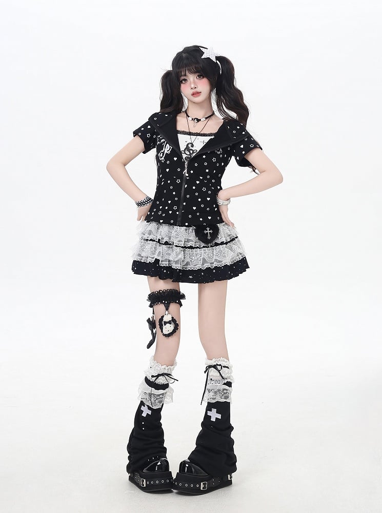 Rock Grau/Schwarz Elastische Taille Stern Applikationen Spitze Trim Tiered Strick Licht