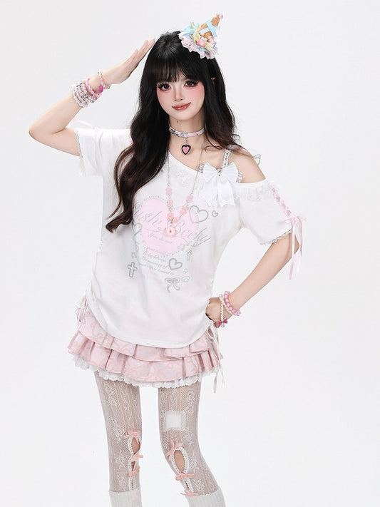 White Sweet Edgy Heart Print Asymmetrical Shoulder Short Sleeve T-Shirt with Lace & Drawstring + Bow Clip Set - CRAZY GIRL