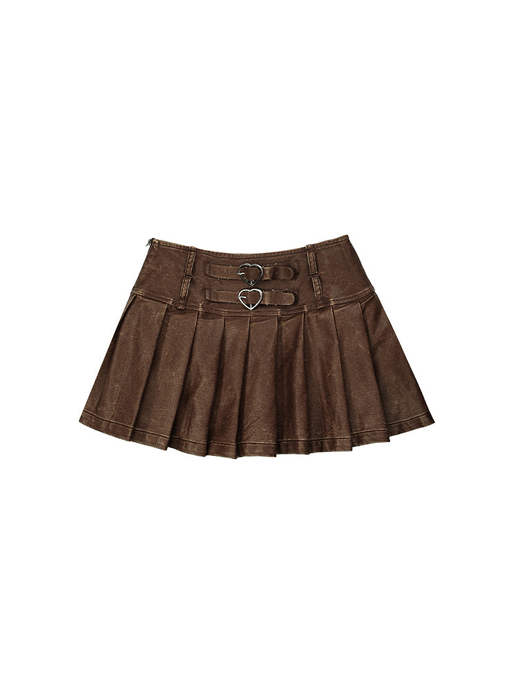 Buckles Fashion Brown Millard Autumn Pleated PU Heart-Shaped with for Mini Skirt