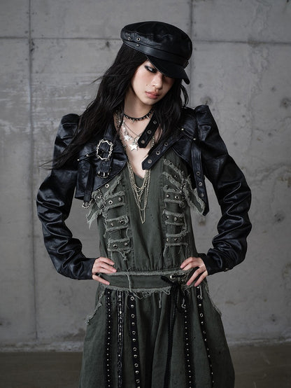 Jacket Punk with Vintage Studs PU Buckled Crop Straps Black