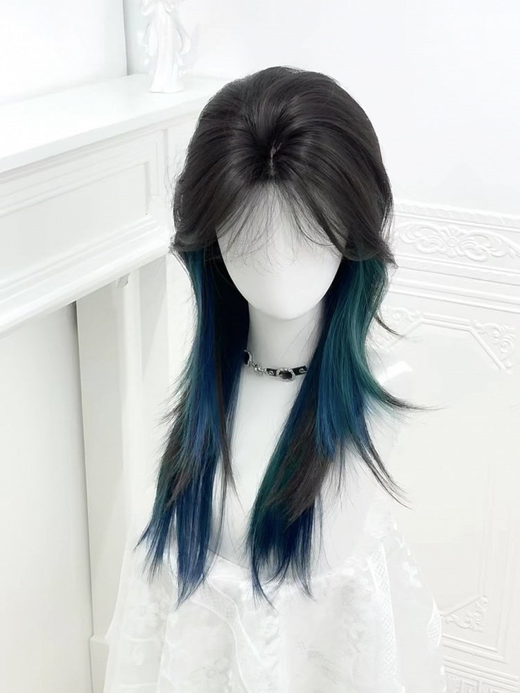 Style Bangs 55CM Green Highlight Curtain Blue Ouji with Straight Wig