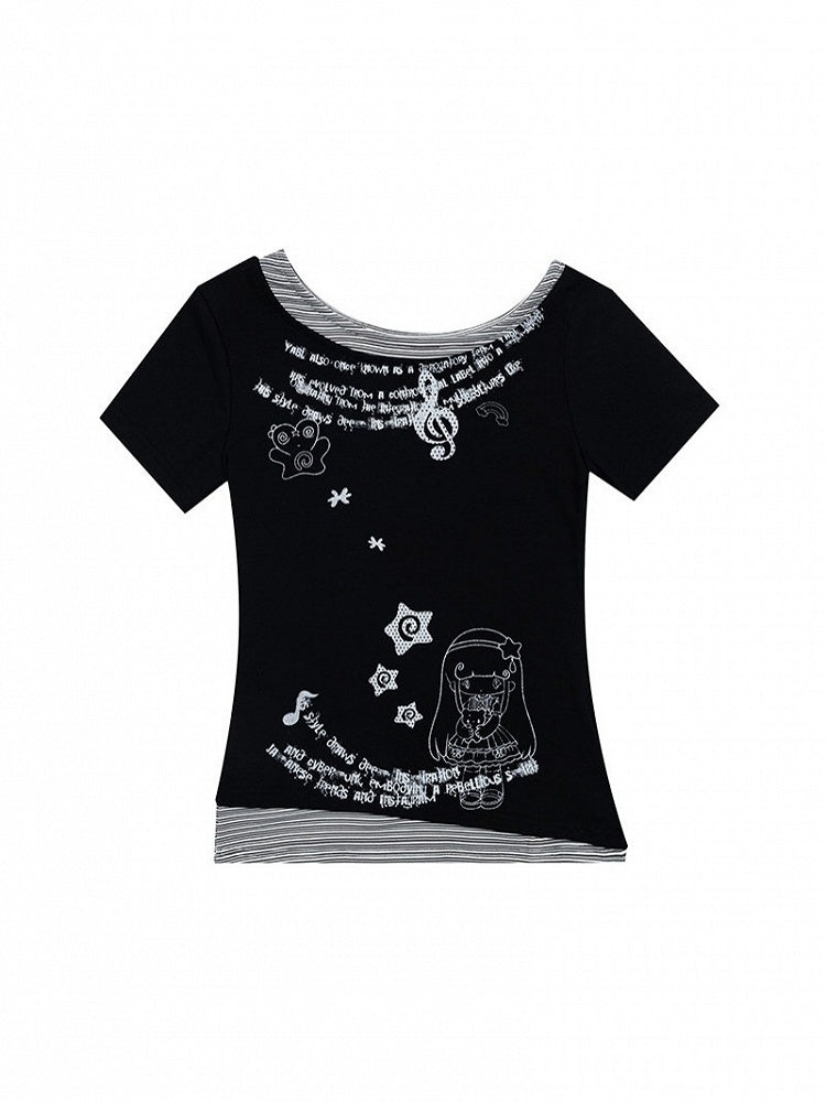 2-Color Round Neck Fake Two-Piece Striped Short Sleeve Top with Star Print - Solkatt