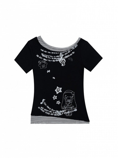2-Color Round Neck Fake Two-Piece Striped Short Sleeve Top with Star Print - Solkatt