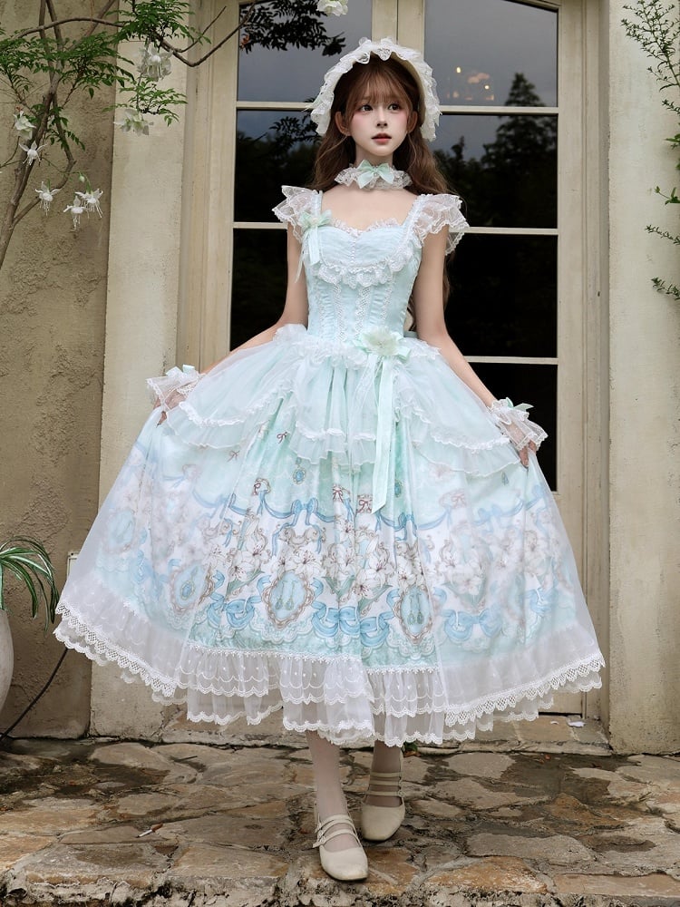 Mint Green Lolita JSK Gown with Lily Print and Tulle Overlay - White Sugar Girl