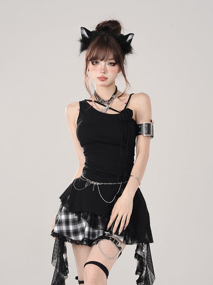 - Rose Sleeveless Black Asymmetrical Shoulder Accent Top