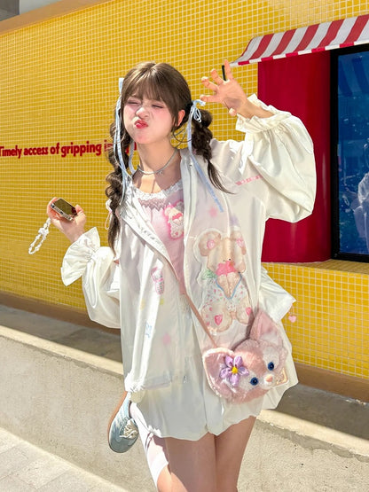 Bowknots White Elastic Waist Bubble Skirt Pink