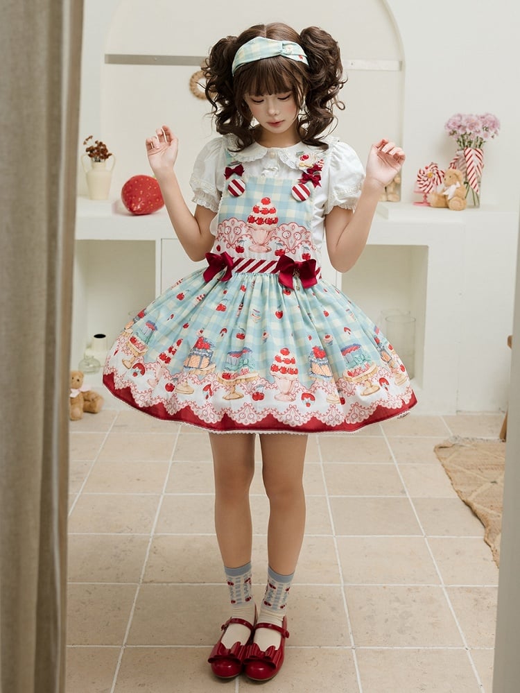 Cherry and Dessert Print Mint Green Sweet Lolita Overall Dress