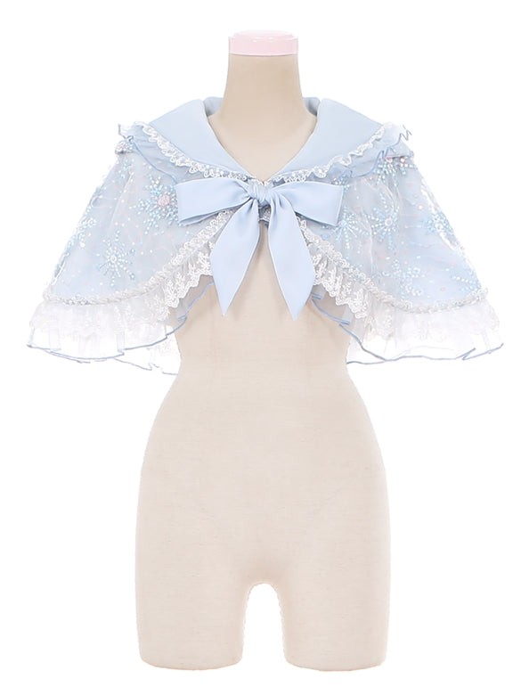 Light Blue Snowflake Sequins Lace Trim Lolita Hooded Cape