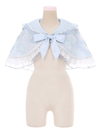 Light Blue Snowflake Sequins Lace Trim Lolita Hooded Cape