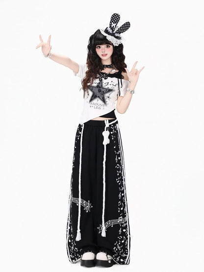 Black Music Note Printed Straight Leg Pants with Waist Cord - Kawaii Daily - CRAZY GIRL