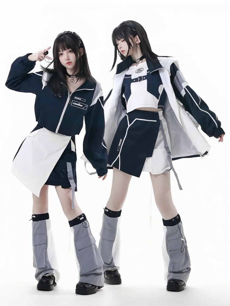 Blue and White Colorblock Shoulder Cutouts Techwear Long Sleeve Top with