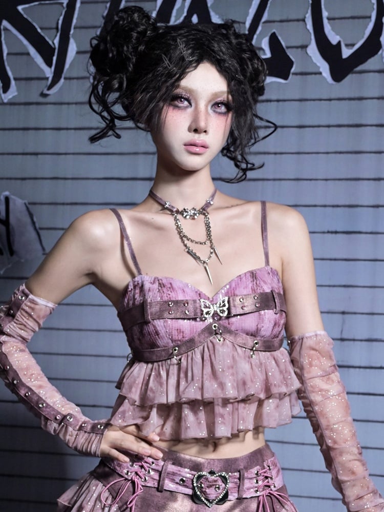 Peplum Y2K Cami Detachable with Sequin Butterfly Crop Punk Pink Rhinestone Pastel