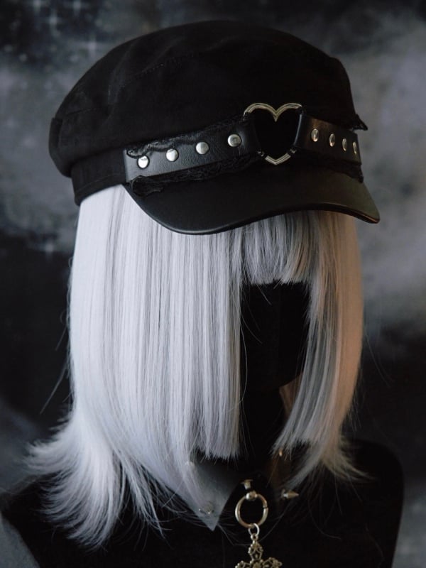 Ring Black Gothic Studs Lace Hat Beret Details Trim Heart