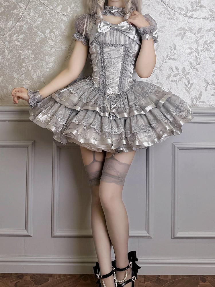 Silver Sleeves Corset Kitty Lolita Bunny Puff Gray and Short Dress Print