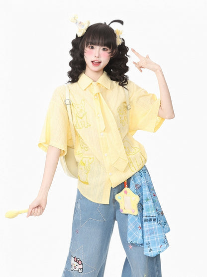 Yellow Puppy Embroidery Short Sleeve Shirt with Tie - Languid Park