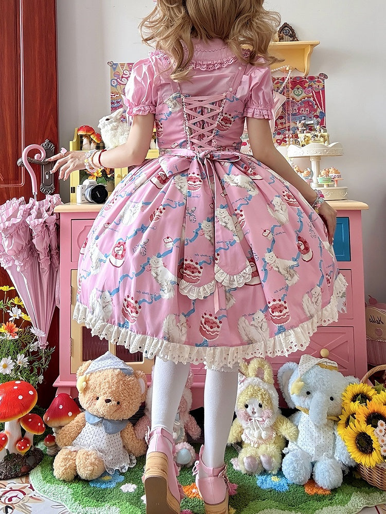 Kitty Cake Fashion Kleid Sweet and Showa Pink Lolita Print Cherry