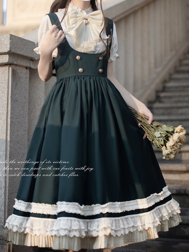 Green Overall Dress in High Waist Style Dark Preppy with Beige Lace Trim