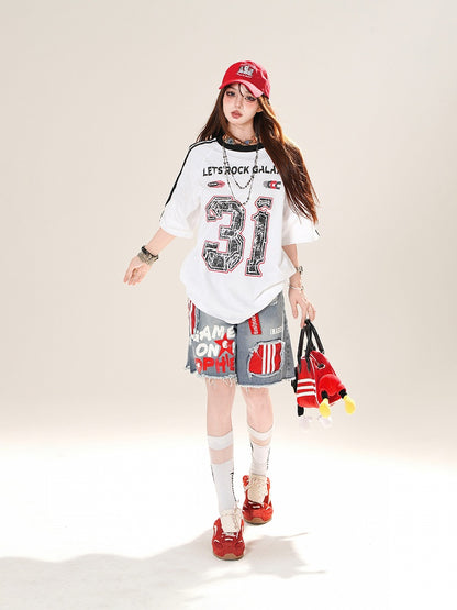 ホワイト ブロケット コアプリント ルーズTシャツ ナンバー