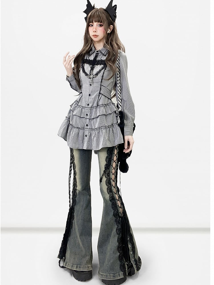 Strap Shirt Bittersweet Stripe Self-tie Black -