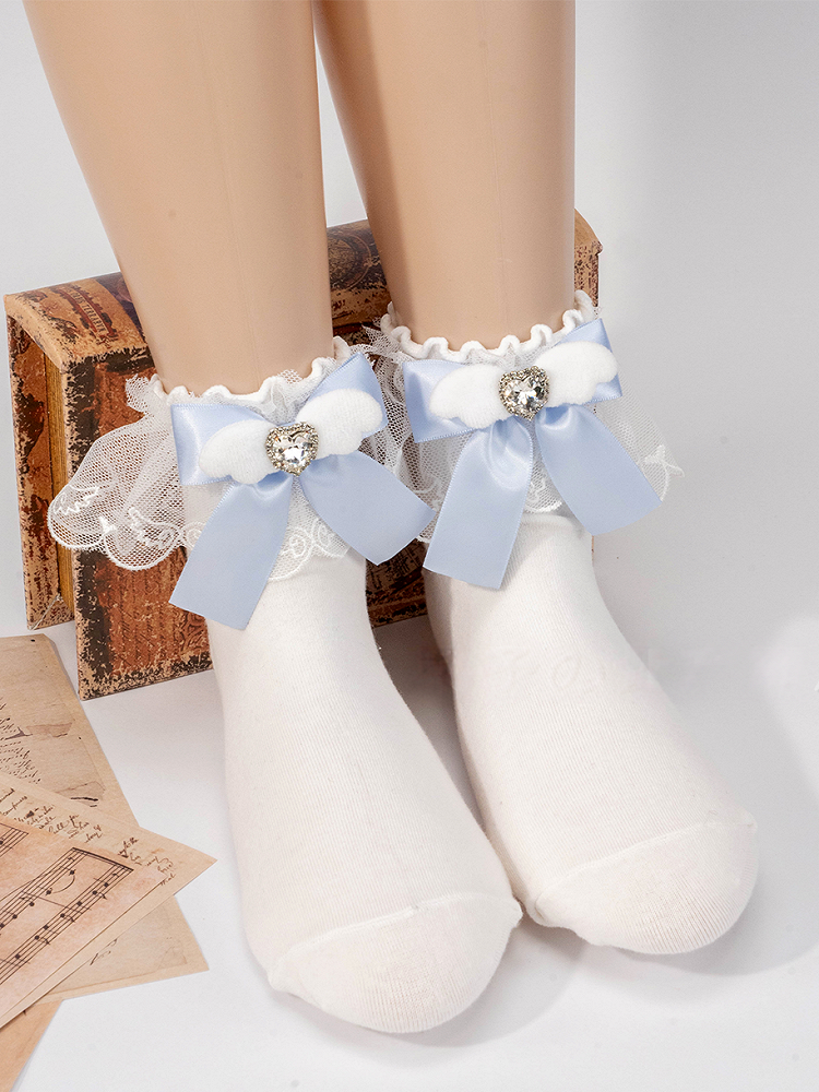 Kei Decoration Jirai Wing-Inspired with Ruffled Bow Socks Colors Rhinestone 4