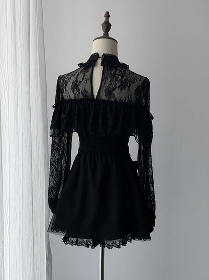 Jirai Kei Black Lace Long-Sleeve Dress with Shorts & Bow Tie Three-Piece Set - Ekomi