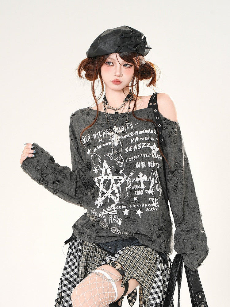 Grafisches Coverup, asymmetrischer Ausschnitt, Distressed-Löcher, Schwarz/Weiß