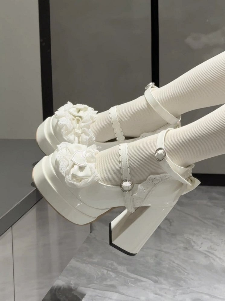 Heel Shoes Mary Lace Accents Bow Lolita Platform High with Sweet Jane and Trim White Block