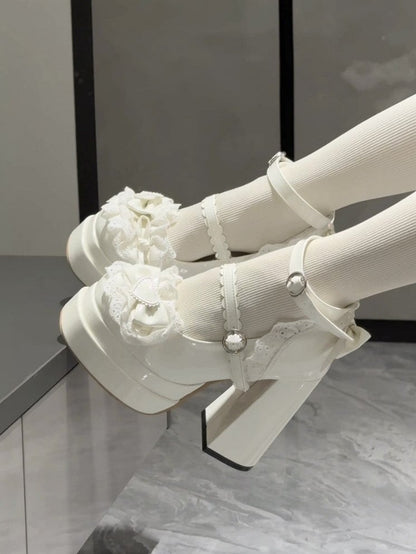 Heel Shoes Mary Lace Accents Bow Lolita Platform High with Sweet Jane and Trim White Block