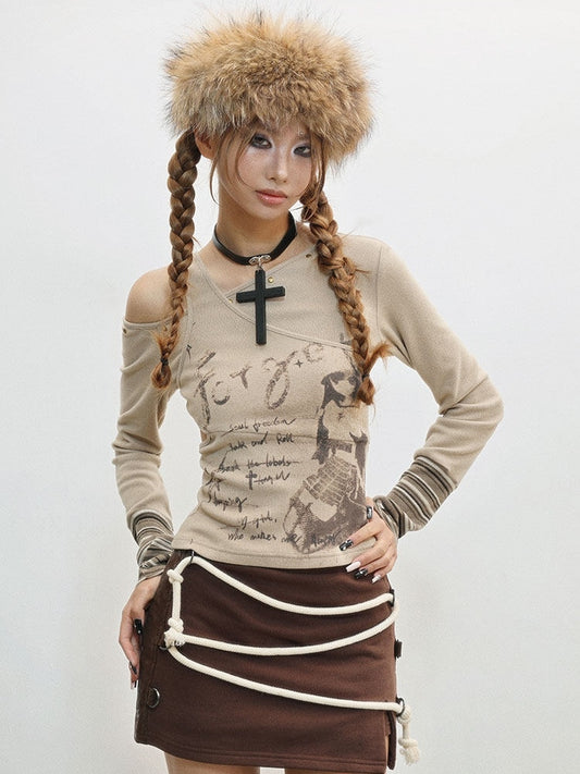 Camel Cuffs Striped Asymmetrical Girl Top Long Print - Sleeve Letter Neckline Cartoon with