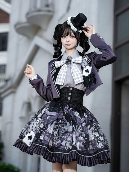 + Gothic Set Waist Skirt Bunny High Cropped Magician Coat Print Lolita Lapel Sleeveless Purple - Top