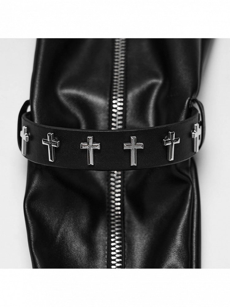 Cross Studded Zipper Long Arm Goth Gloves in Black - Punk Rave